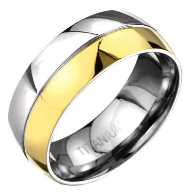 Inel de titan - auriu și argintiu, cu caneluri - Marime inel: 67 foto