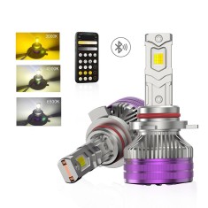 Set 2 Becuri Auto HIR2 9012 LED CSP 160W 3000K 4300K 6500K Galben-Alb Reglabil Din Aplicatie, 16000LM Canbus, Fara Eroare de Bec Ars, cu Ventilator pe