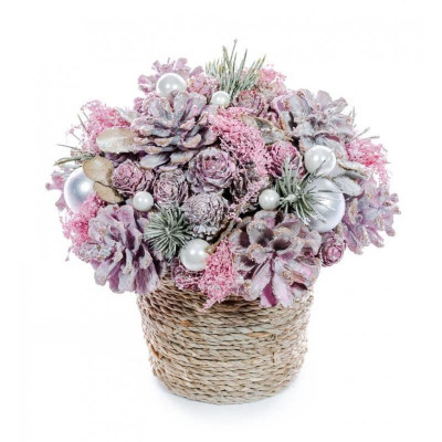 Decoratiune Craciun, cos cu flori si con de brad, roz, 17.5x19 cm foto