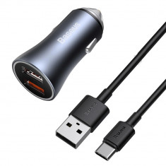 2x &icirc;ncărcător auto USB 40 W Quick Charge SCP FCP AFC + cablu USB - USB-C gri TZCCJD-A0G Baseus