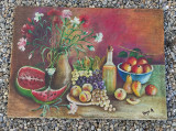 Tablou vechi rom&acirc;nesc, fructe și vază flori, semnat 55/75 cm reducere, Natura statica, Ulei, Realism