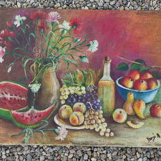 Tablou vechi românesc, fructe și vază flori, semnat 55/75 cm reducere