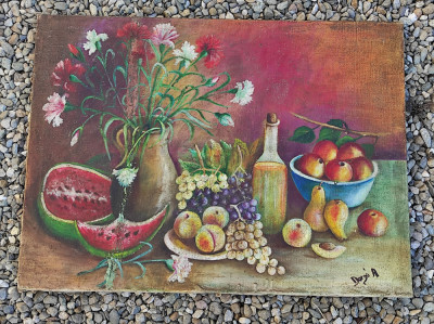 Tablou vechi rom&amp;acirc;nesc, fructe și vază flori, semnat 55/75 cm reducere foto