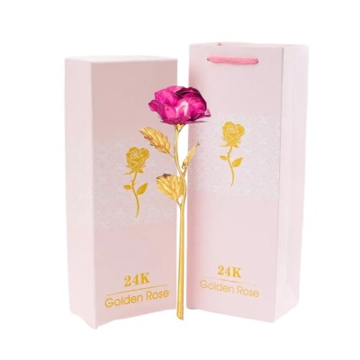 Trandafir artificial, suflat cu aur 24K, cutie eleganta, punga de cadou inclusa, roz foto