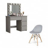 Masa de toaleta/machiaj + scaun Cava, gri, cu oglinda si LED-uri, 94x43x141 cm
