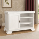 Cumpara ieftin Comoda living VMT, Pal Melaminat, cu o usa, 3 polite, cu elemente din MDF, Alb Antichizat