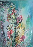 Pictură originală ulei pe p&acirc;nză &bdquo;Buchet sălbatic &icirc;n lumina turcoaz&rdquo; 42x60 cm. Certificat cu semnătura și ștampila artistului