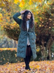 Geaca dama lunga verde cu blana naturala si cordon in talie