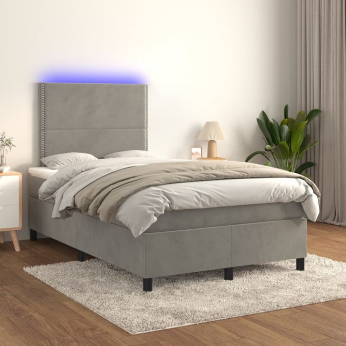 vidaXL Pat cu arcuri, saltea și LED, gri deschis, 120x200 cm, catifea 3136053