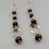 Cercei Argint 925 Placati Aur Roz cu Agat Negru, Spinel si Filigran, 6cm. Bijuterii Handmade Made in Italy, Cutie Cadou