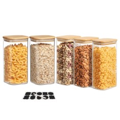 Set de 5 recipiente pătrate din sticlă borosilicată, cu capace bambus Koken, depozitare alimente - 5 Recipiente 1.6 L