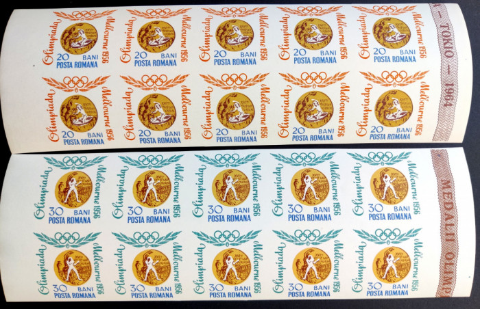 ROMANIA 1964 - Medalii Olimpice - LP 596a - straif - bloc de 10 MNH + EROARE***
