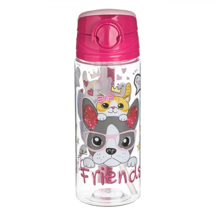 Sticlă Apă Copii, Model Cățel și Pisică, Fucsia, Mecanism Pop-Up, Capacitate 0,5L