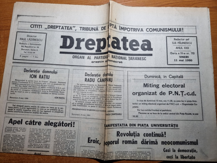 ziarul dreptatea 11 mai 1990-declaratie ion ratiu,radu campeanu