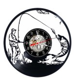 Ceas de perete decorativ din disc vinil Pescuit Pescar Știucă Negru 30 cm Manual Mecanism Silentios