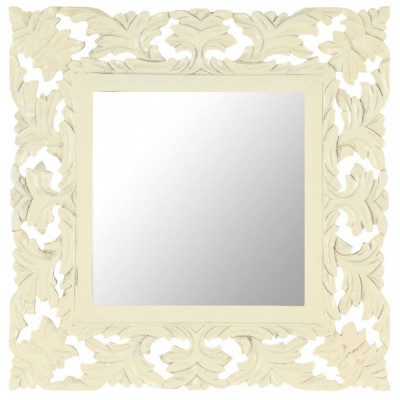 Oglindă sculptată manual, alb, 50x50 cm, lemn masiv mango foto