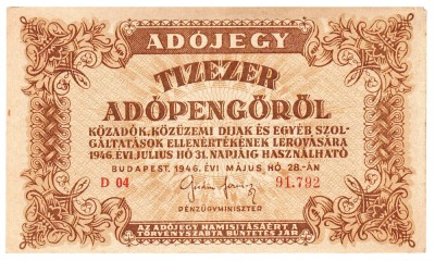 Ungaria 10 000 Adopengo 1946 P-143 Seria 91792 foto