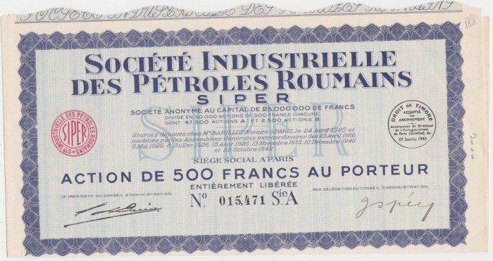 Actiune Societatea de petrol romanesc SIPER cu cupoane 1943
