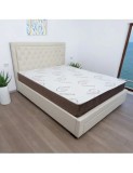 Set pat matrimonial cu sertar Austin, elemente lemn masiv, tapitat cu stofa, cu somiera, crem si saltea ortopedica Optima Bamboo, arcuri, margine anti