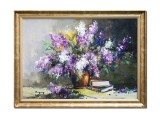 Cumpara ieftin Tablou cu liliac si carti pictat manual inramat, Parfum de sarbatoare, 80x60cm ulei pe panza, Geo Ungureanu