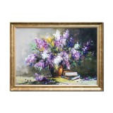 Tablou cu liliac si carti pictat manual inramat, Parfum de sarbatoare, 80x60cm ulei pe panza, Geo Ungureanu