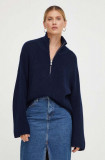 R&eacute;sum&eacute; pulover de lana femei, culoarea albastru marin, light, cu turtleneck