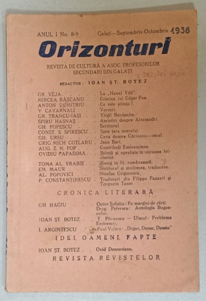 ORIZONTURI , REVISTA DE CULTURA A ASOCIATIEI PROFESORILOR SECUNDARI DIN GALATI , NR.8-9 , 1938