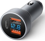 Incarcator Auto USB cu Display, 2 Porturi USB A 3.0 si 1 Port USB Tip C, Super Charge 80W cu Design Premium, CBD CORAL BEST DEALS Negru Negru Incarcat