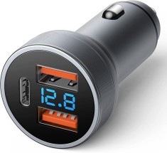 Incarcator Auto USB cu Display, 2 Porturi USB A 3.0 si 1 Port USB Tip C, Super Charge 80W cu Design Premium, CBD CORAL BEST DEALS Negru Negru Incarcat