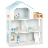 AIYAPLAY Casă de păpuși din lemn cu 3 etaje, lift și balcon, 5 camere și 13 piese de mobilier pentru copii 3-6 ani, Albastru | Aosom Romania