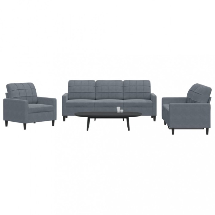 vidaXL Set de canapele cu perne, 3 piese, gri &icirc;nchis, catifea