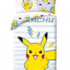 Lenjerie de pat Pokemon Thunderbolt, 2 Fete, 2 Piese,140A 200 cm, 70A 90 cm, 100% Bumbac, Calitate High Class