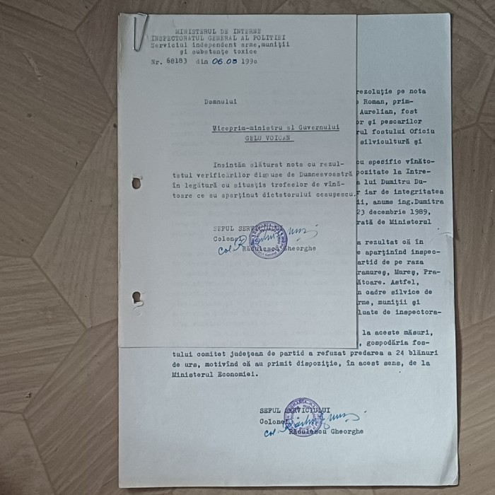 NOTA CU REZULTATELE VERIFICARILOR TROFEELOR DE VANATOARE ALE LUI N.CEAUSESCU.