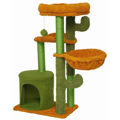 Ansamblu de joaca pentru pisici, Jumi, model cactus, cu platforme, culcus, ciucure, verde si portocaliu, 47x90 cm foto