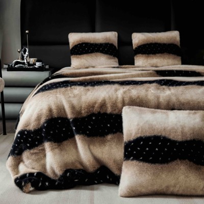 Patura de lux cu fermoar din blana artificala de nurca 200x230cm+2 fete de perna 50x50cm,bej cu negru-F055 foto