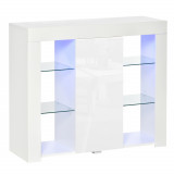 HOMCOM Bufet Modern cu Usa si Lumini LED cu Finisaj Lucios si Rafturi din Sticla, Dulap Mutifunctional 97x35x83cm, Alb Modern