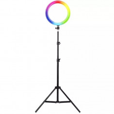 Inel RGB slefie stick diametreu 30 cm, inaltime 60-210 cm, Gonga® Negru