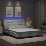 VidaXL Cadru de pat cu lumini LED, alb, 160x200 cm, piele ecologică