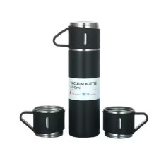 Set 3 piese, cu termos si 2 cani, capacitate 500ml, din metal si silicon, cu capac ermetic, BPA Free, negru