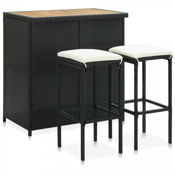 Set mobilier de bar, 3 piese, negru, poliratan