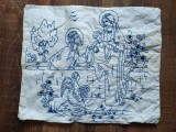Fata de perna cu cusatura de mana, 2 fete - una cu Sfanta familie (Maica cu Isus si Iosif) ata abastra / copil cu flori - ata verde, 43x36cm