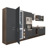 Mobilă de bucătărie Yorki 430, corp din stejar Yorki, față antracit satinat, frigider cu congelator &icirc;n partea de jos