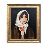 Tablou celebu pictat manual inramat, Portret de tarancuta cu basma alba, 35x30cm ulei pe panza rama din lemn, reproducere Nicolae Grigorescu