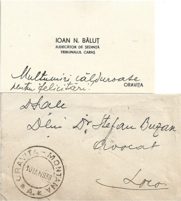 A3766N Ioan N Băluț, judecător de ședință, Tribunalul Caraș, 1938, Oravița, carte de vizită cu nota sa olografă foto