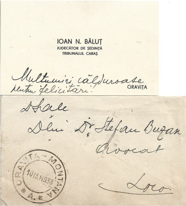 A3766N Ioan N Băluț, judecător de ședință, Tribunalul Caraș, 1938, Oravița, carte de vizită cu nota sa olografă