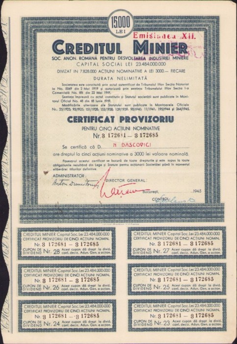 A532 Acțiune Creditul Minier pe numele academicianului Nicolae Dașcovici