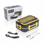 Cumpara ieftin Cutie de Pranz Electrica pentru o Masa Calda la Serviciu, pe Drum sau intr-o Excursie, Tava cu 3 Compartimente din Otel inoxidabil si Tacamuri Metalic