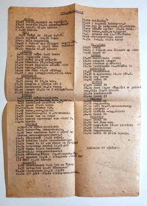 Program TV dactilografiat, anii &#039;80, posturi tv din Ungaria (limba maghiara)