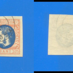 ROMANIA 1869. Carol I cu favoriti. LP 28. 25 bani. portocaliu si albastru