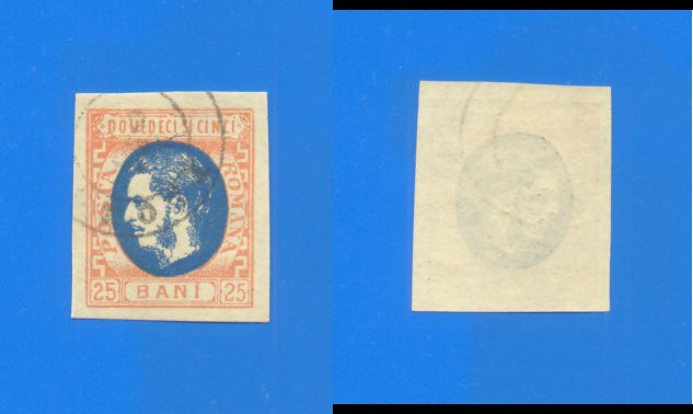 ROMANIA 1869. Carol I cu favoriti. LP 28. 25 bani. portocaliu si albastru